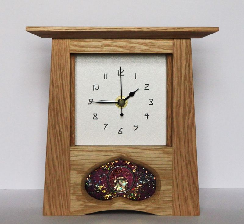 Oak Arts & Crafts Clock with R Ryan panel by Archie McDonald