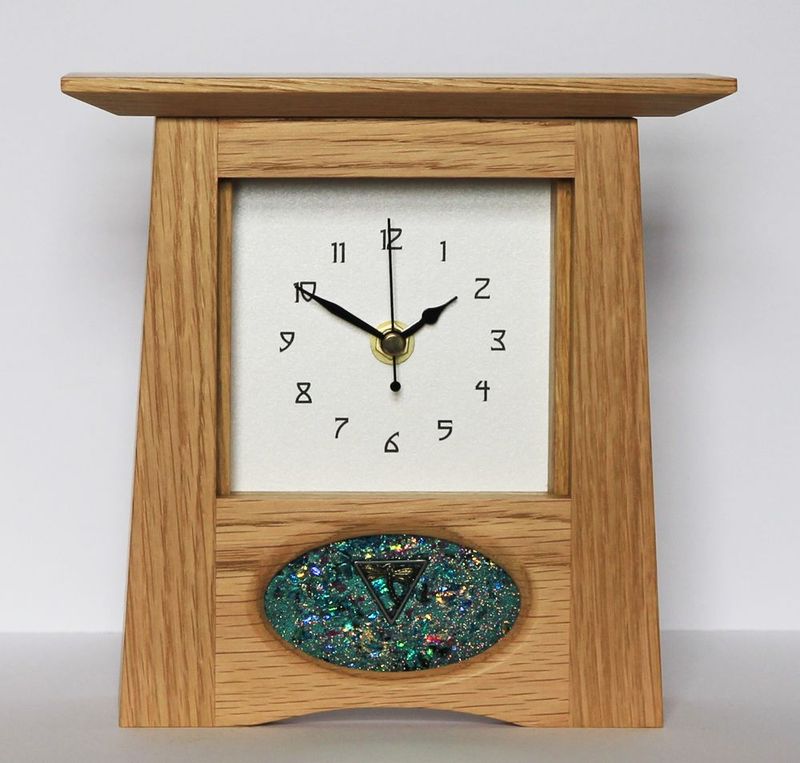 Oak Arts & Crafts Clock with R Ryan panel by Archie McDonald