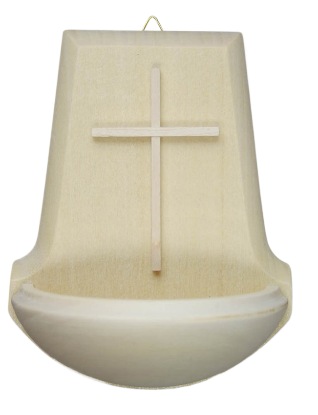 Weihwassergefäss aus Naturholz mit Kreuz