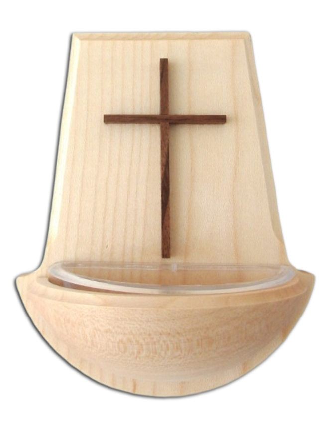Weihwassergefäss aus Naturholz mit braunem Kreuz