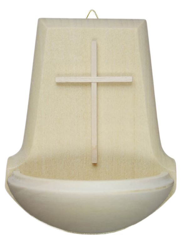 Weihwassergefäss aus Naturholz mit Kreuz