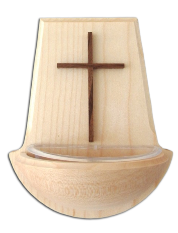 Weihwassergefäss aus Naturholz mit braunem Kreuz