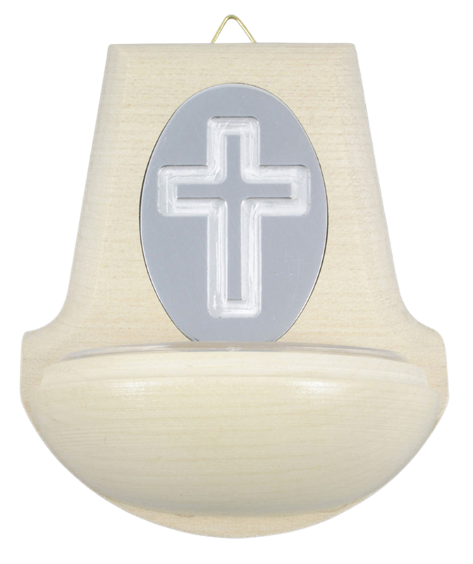 Weihwassergefäss aus Naturholz mit Metallplakette Kreuz
