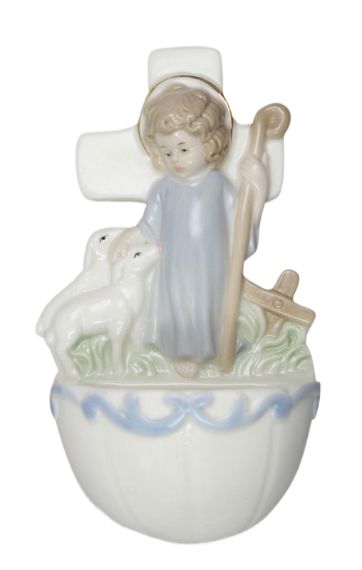 Weihwassergefäss aus Porzellan mit Jesuskind und Lamm