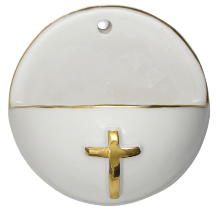 Weihwassergefäss aus Porzellan mit Kreuz und Goldrand