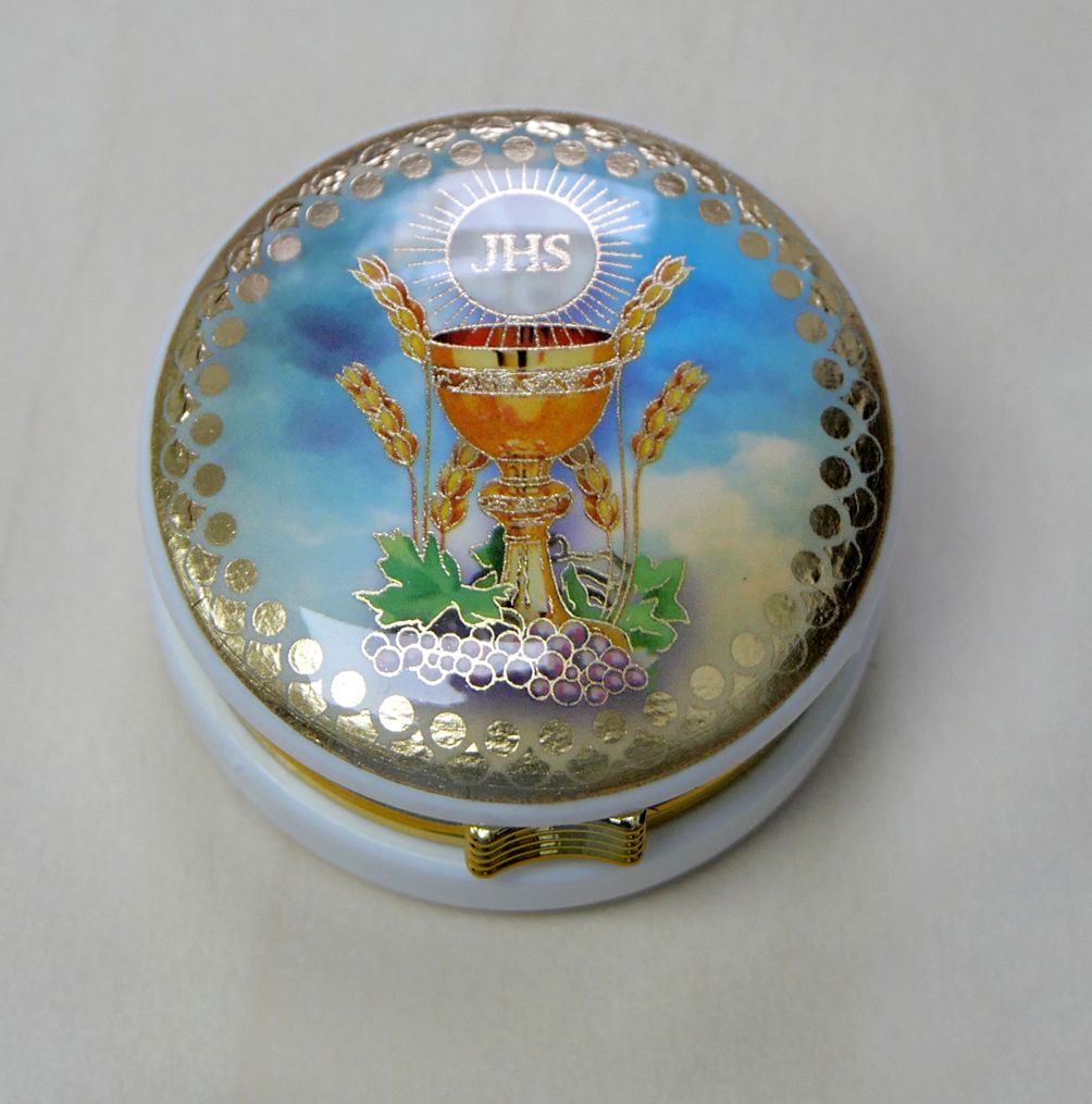 Rosenkranzdose rund Motiv „Kelch/IHS“