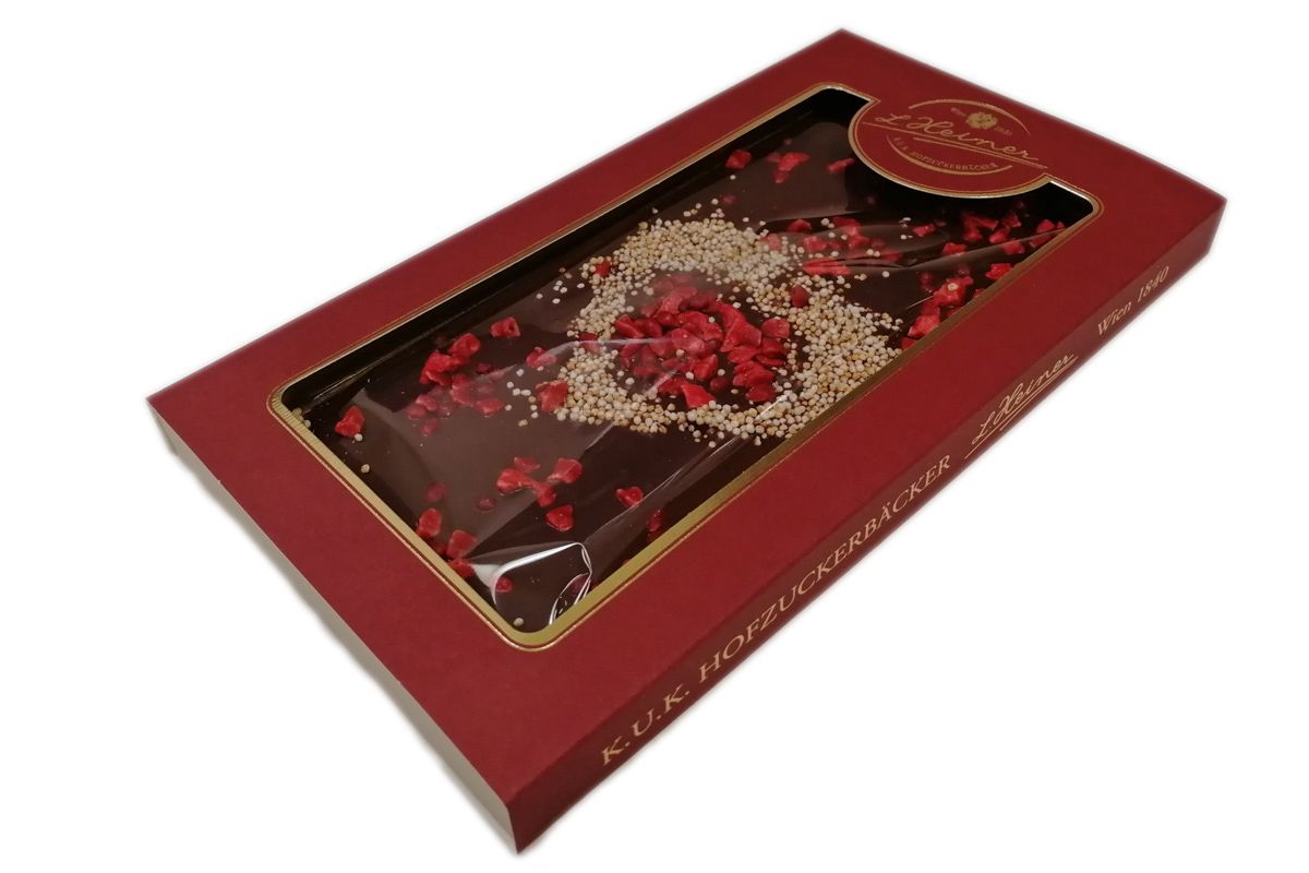 Handgeschöpfte Herz Schokolade mit Amaranth und Erdbeeren