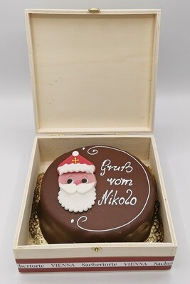 Sachertorte (500g) „Gruß vom Nikolo“ im Holzkisterl – Süße Nikolaus-Tradition