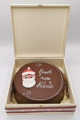 Sachertorte (900g) „Gruß vom Nikolo“ im Holzkisterl – Der große Nikolaus-Genuss