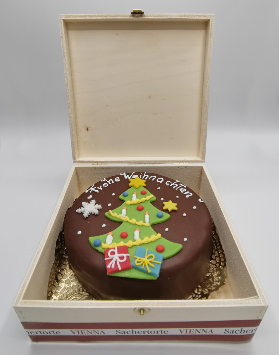 Wiener Sachertorte (500g) „Frohe Weihnachten“ – Festlicher Genuss im Holzkisterl