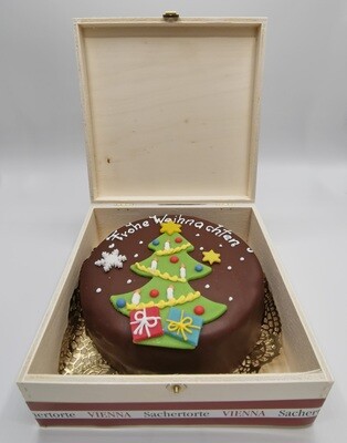 Wiener Sachertorte (500g) „Frohe Weihnachten“ – Festlicher Genuss im Holzkisterl
