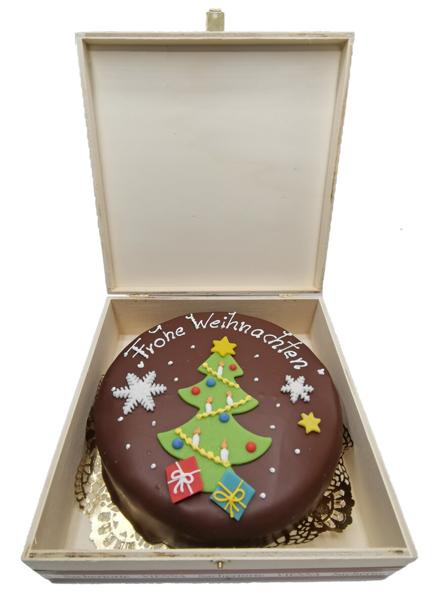 Wiener Sachertorte (900g) „Frohe Weihnachten“ – Großer Weihnachtsgruß im Holzkisterl