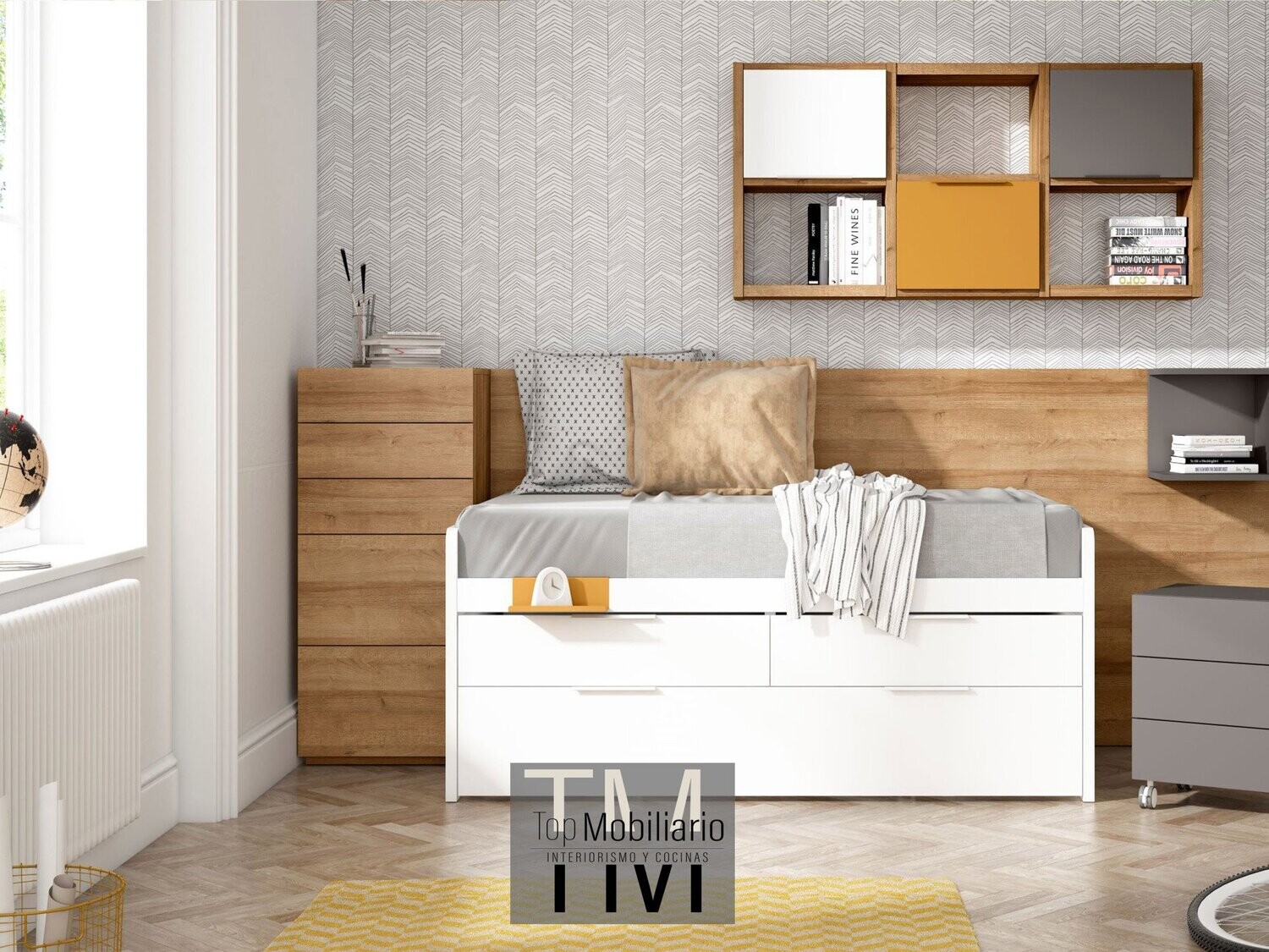 Cama compacta con nido y cajones
