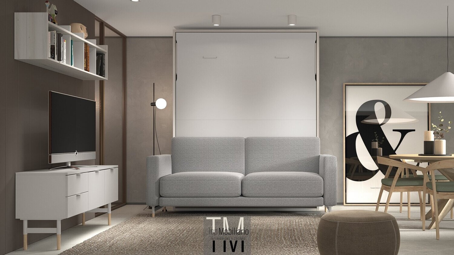 Cama abatible vertical con sofá y módulo de tv