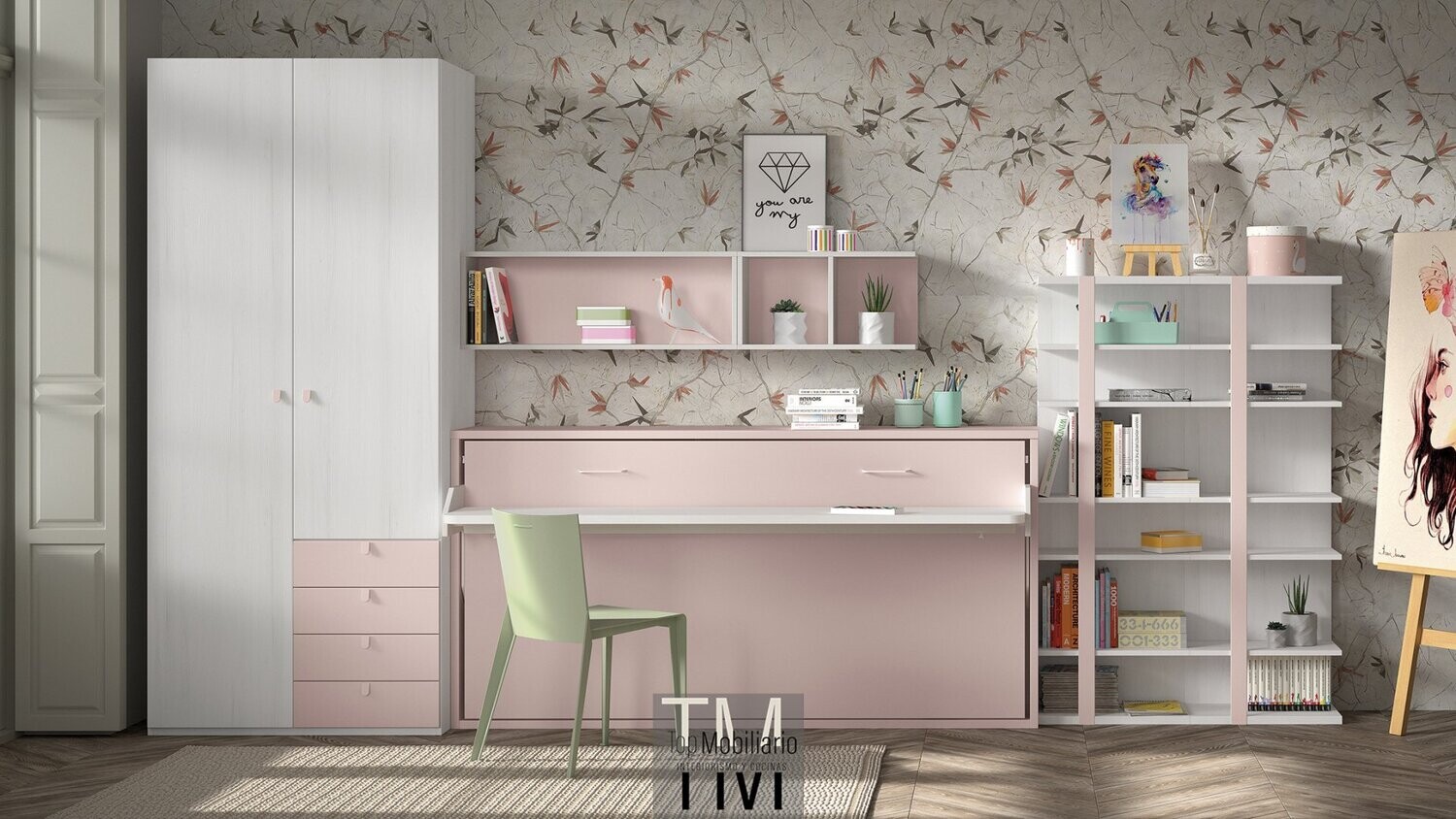 Cama abatible rosa con mesa estudio y armario con librero