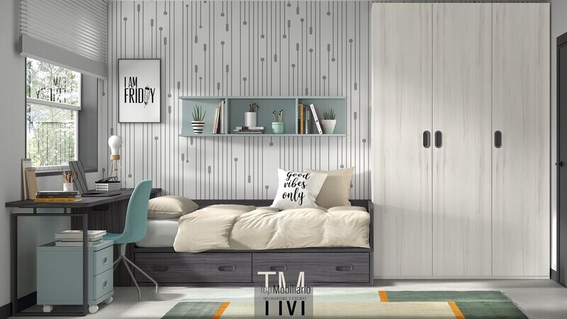 Dormitorio juvenil con cama nido y armario de tres puertas