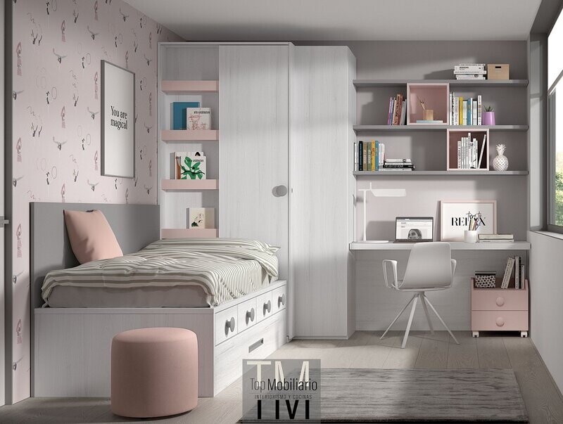 Dormitorio juvenil con cama compacta y armario rincón corredera