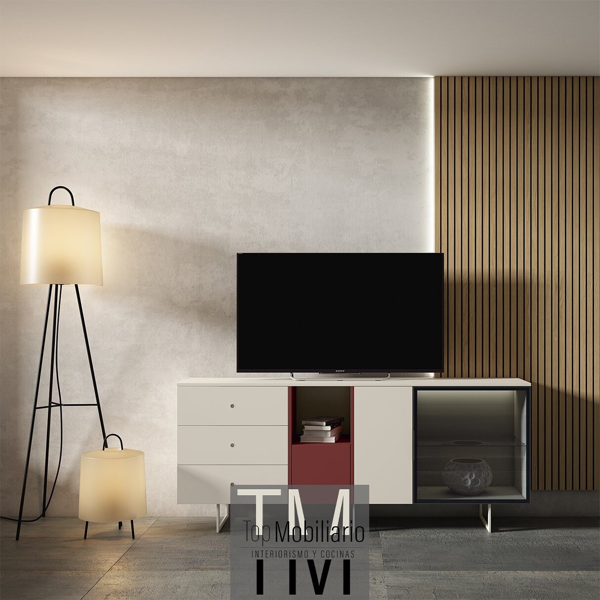 Aparador bajo arlo de tres cajones con panel decorativo Ilusion Brave