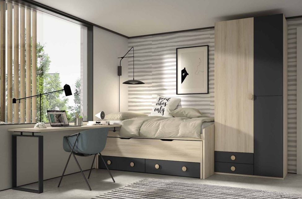 Dormitorio juvenil compacto y armario asimétrico