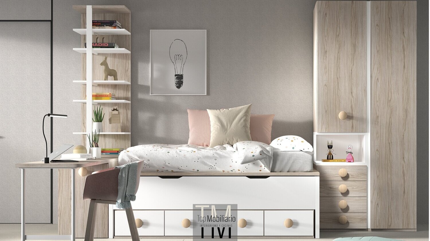 Dormitorio juvenil con cama compacta medida de colchones iguales