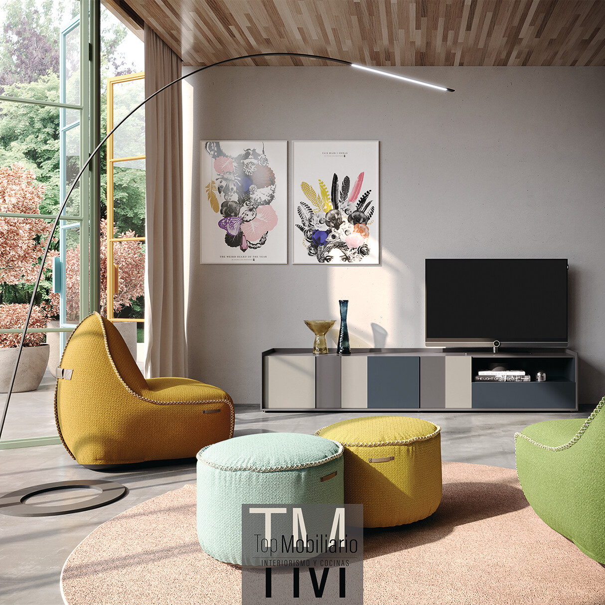 Muebla bajo de TV con frentes en acabado bicolor