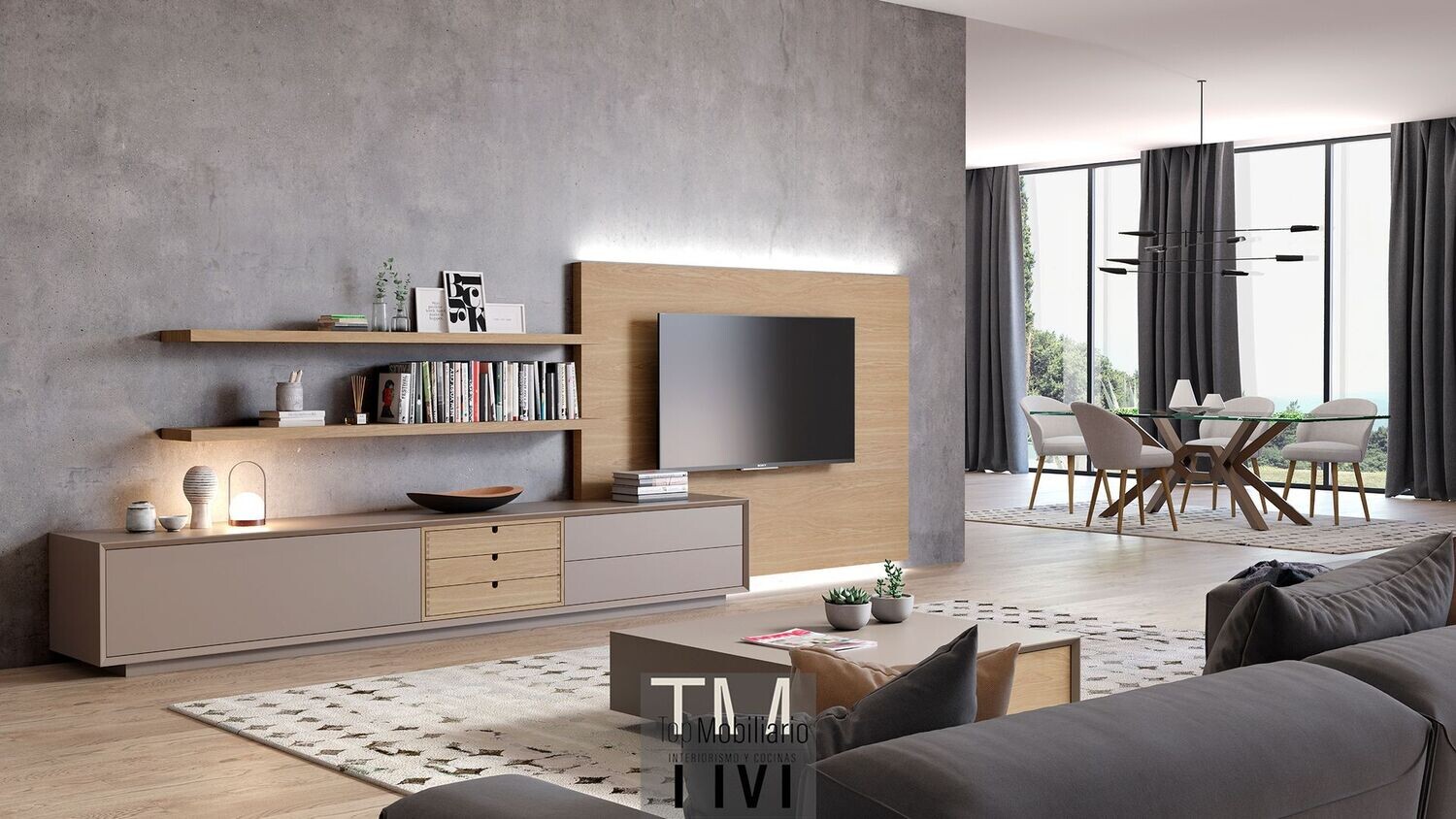 Composición de mueble bajo con trasera para TV