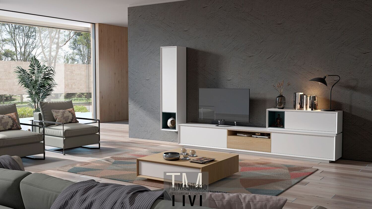 Composición mueble bajo de TV con mueble horizontal y vertical