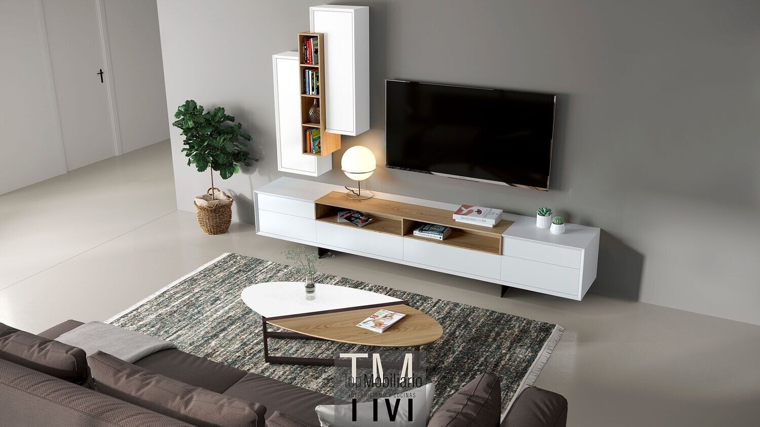 Composición con mueble bajo de TV y módulos altos con buj decorativo