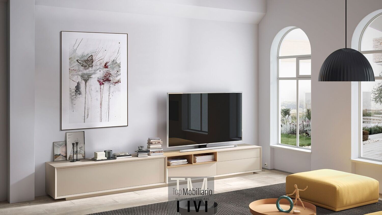 Mueble bajo de TV formado por dos módulos