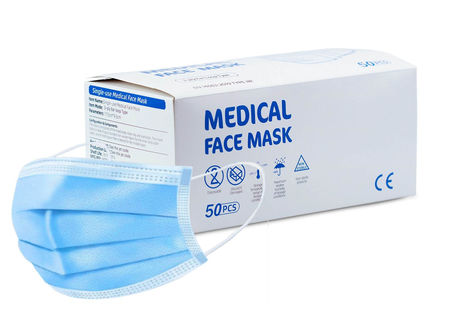 Disposable 3 Layer TYPE IIR Medical/Surgical Protective Mask - Box of 50 (EN14683) Disposable 3 Layer TYPE IIR Medical/Surgical Protective Mask - Box of 50 (EN14683)