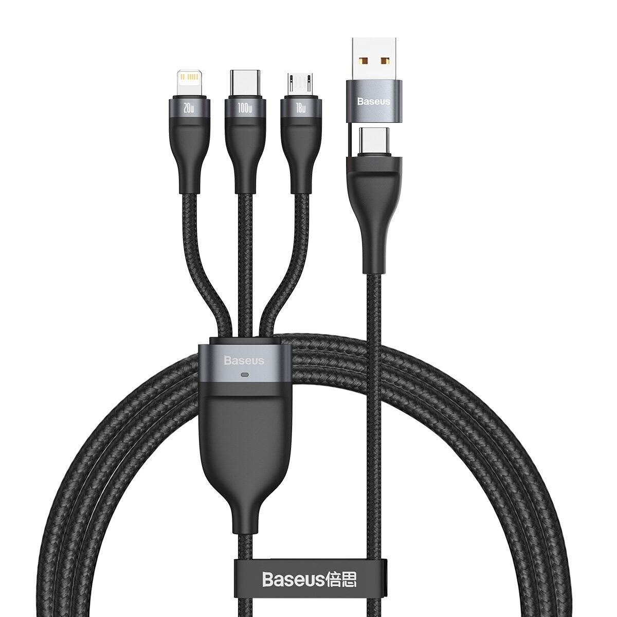 3in1 Cable Baseus Flash Series USB/USB-C to USB-C + micro USB + Lightning, 100W, 120 cm black