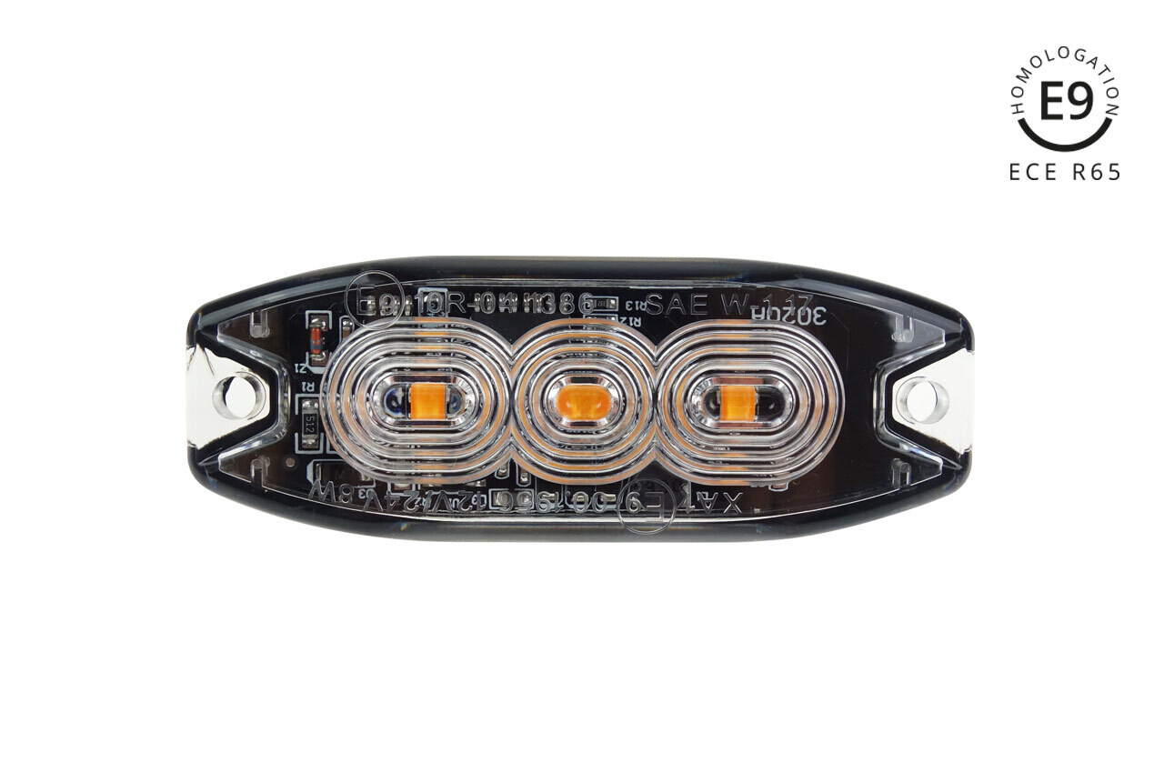 Slim Amber Grill Mount Flash Light 3x3W LED R65 R10 12/24V IP67