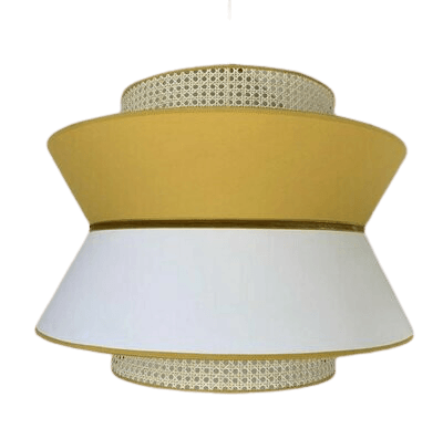 Pantalla Colgante. Color mostaza y blanco.