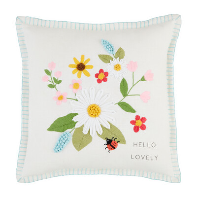 White Square Floral Emb. Pillow
