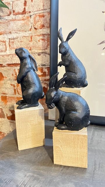 Black Resin Rabbits On Wood Blocks