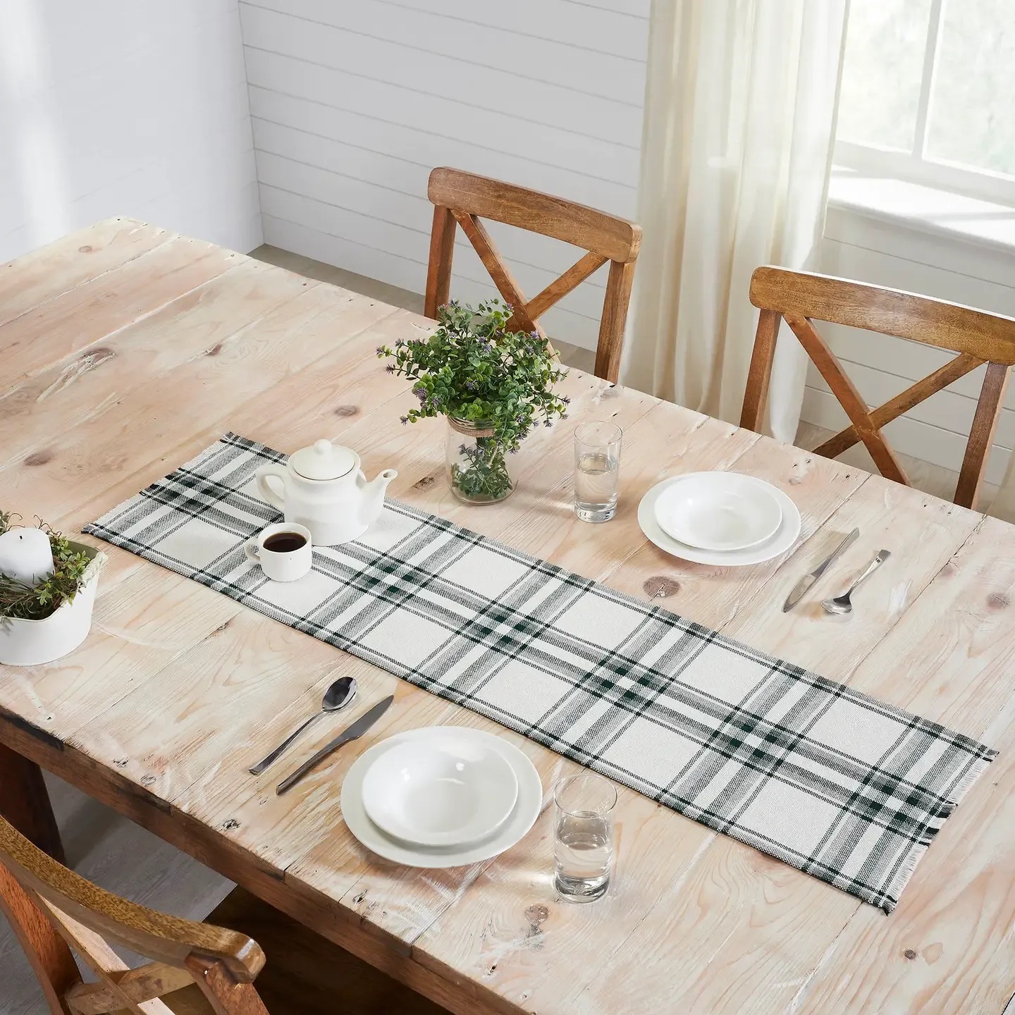 Harper Plaid Green White Runner Fringed 