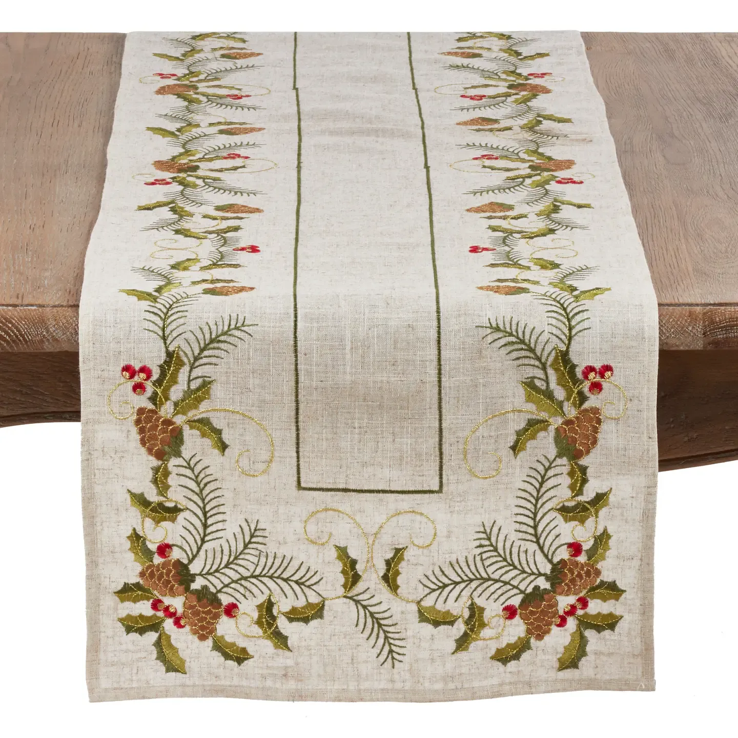 Embroidered Pinecone and Holly Runner