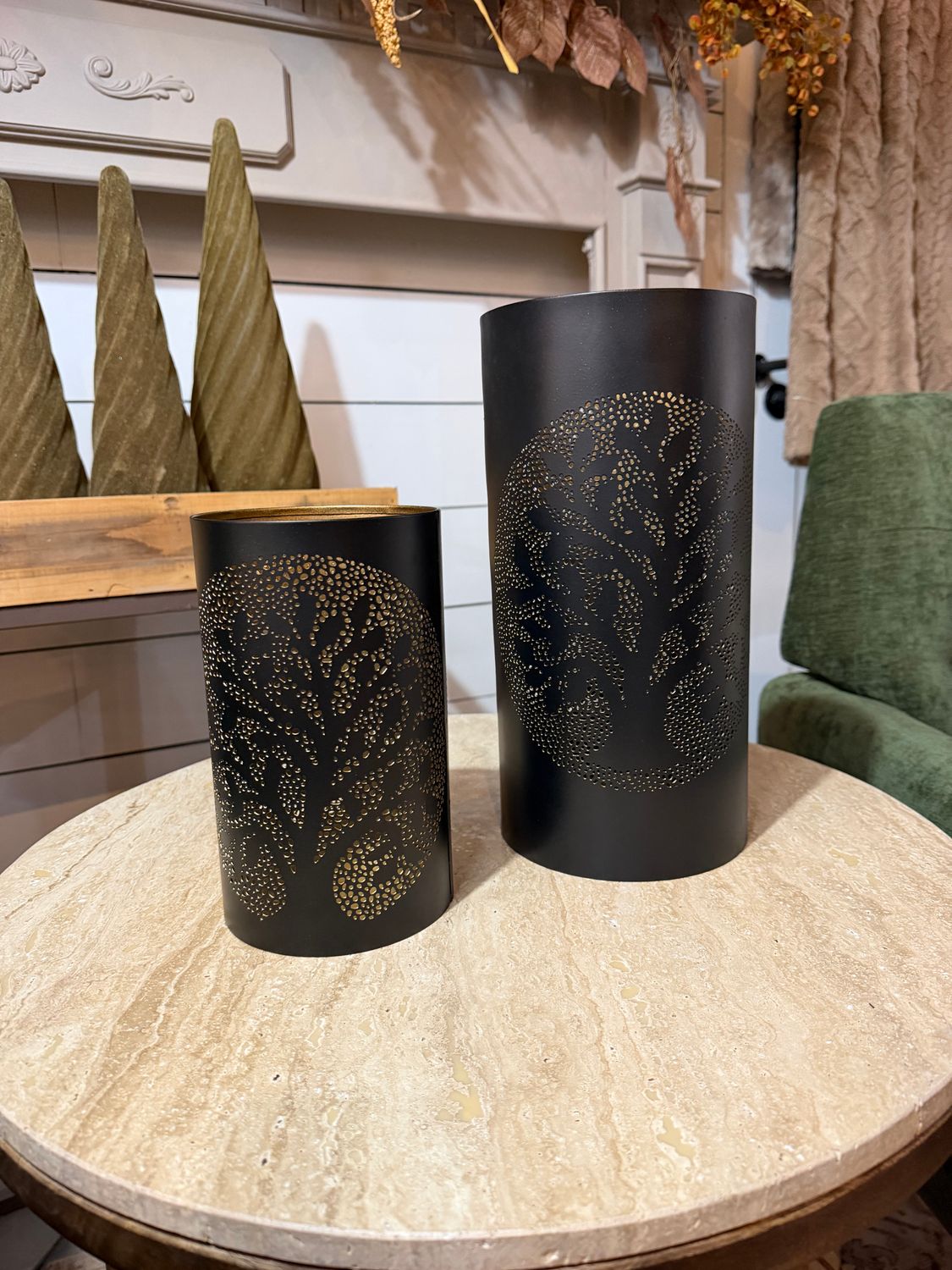 Black Metal Tree Punched Tin Candleholders 