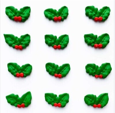 Double Holly Leaf w/Berries Royal Icings 1.5” 4ct