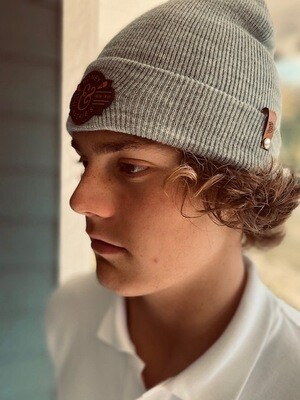 Grey Beanie with dark leather patch