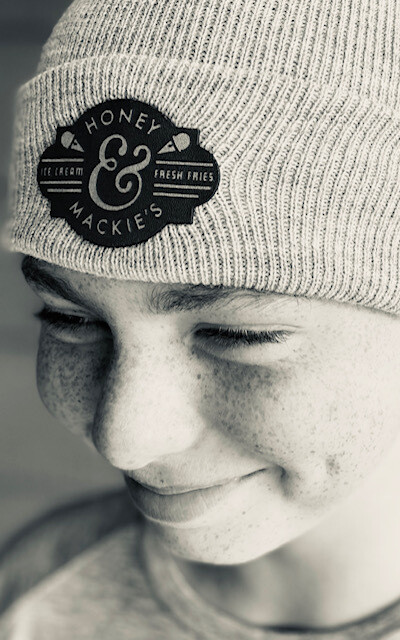Grey Beanie with dark leather patch