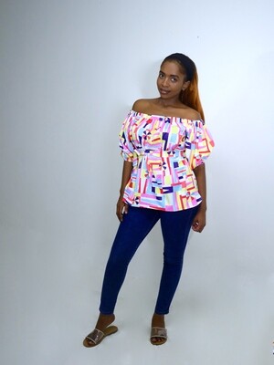 Abstract Multi Color Print Off Shoulder Top