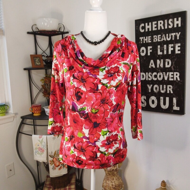 Anne Klein Small Women&#39;s Red &amp; Pink Floral Blouse Shirt