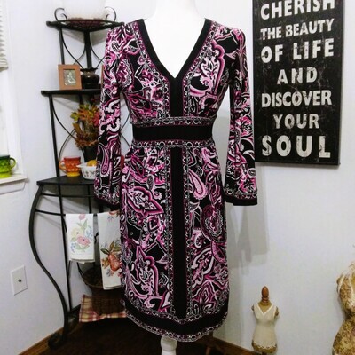 INC Small Women's Boho Black Paisley Floral Bell Sleeve Stretchy Dress
