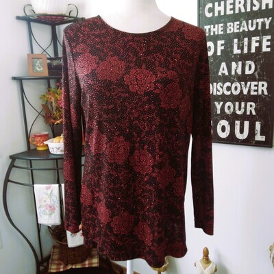 Notations Medium Women&#39;s Black &amp; Red Rose Shimmery Long Sleeve Stretchy Blouse