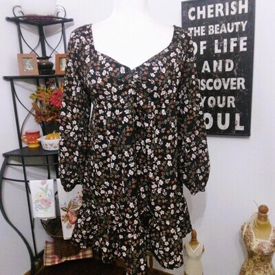 NEW! Lily Rose Small Women&#39;s Black Floral Boho Baby Doll Long Sleeve Dress
