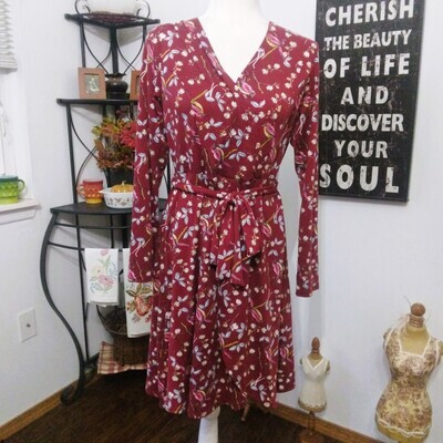 NEW! Boyove Large Women's Burgundy Bird Floral Knit Long Sleeve Wrap Dress