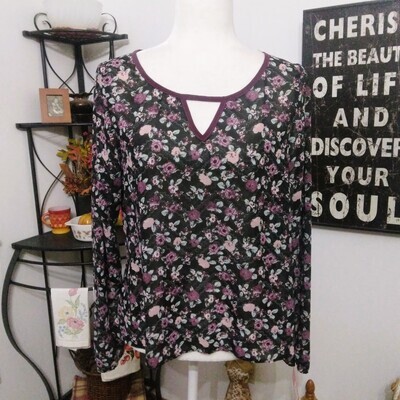 NEW! Xhilaration Medium Women&#39;s Black Floral Sheer Long Sleeve Blouse