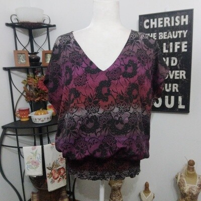 Sofia Vergara Large Women&#39;s Purple Black Lace Print V-Neck Short Sleeve Blouse