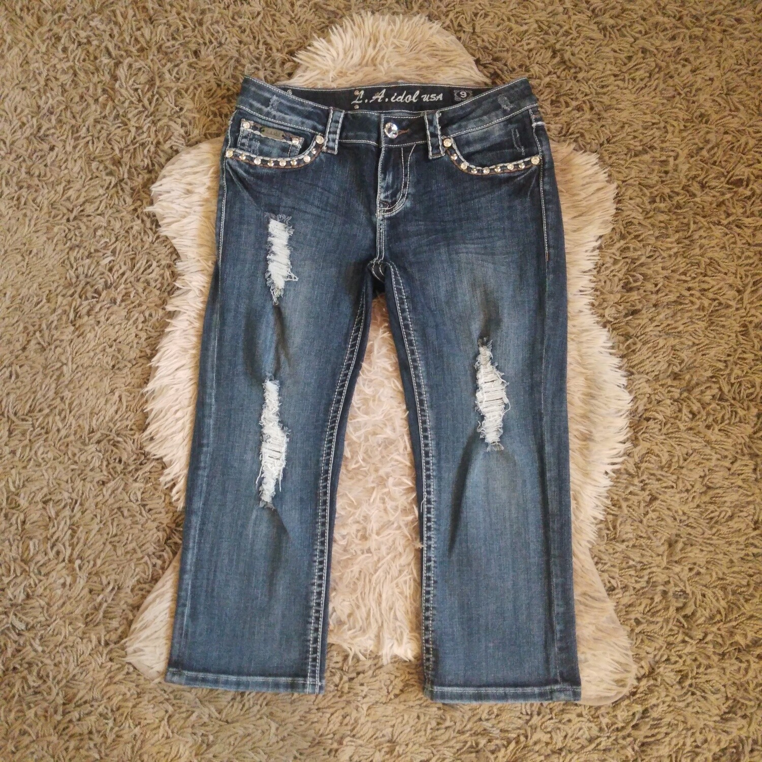 LA Idol Sz 9 Women&#39;s Rhinestone Low Rise Stretchy Crop Capris Jeans Pants